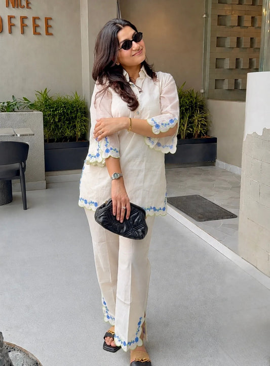 Off-White Embroidered Mul Chanderi Co-Ord Set