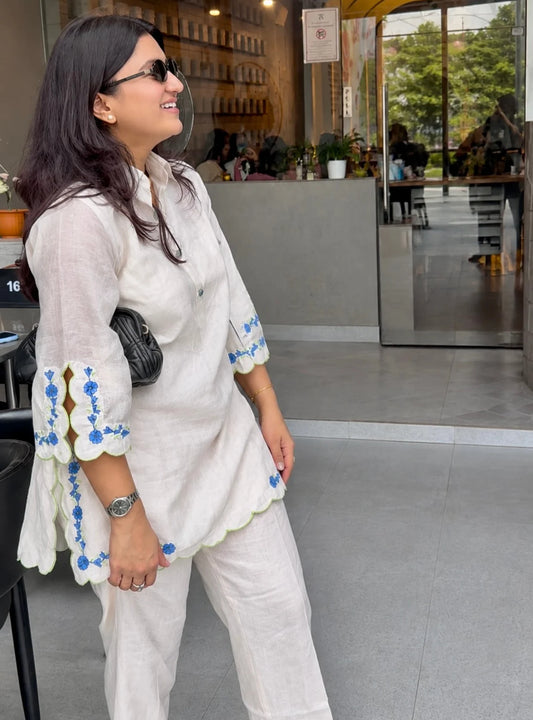 Off-White Embroidered Mul Chanderi Co-Ord Set